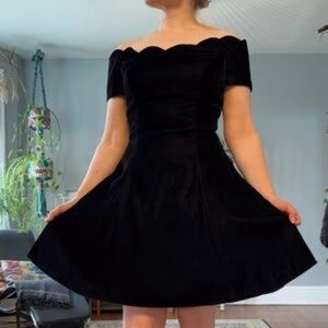 Scalloped Black Velvet Off The Shoulder Dress